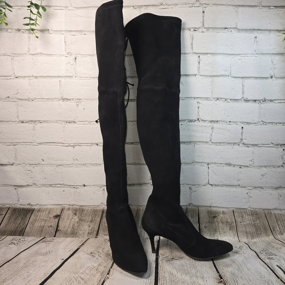 Stuart Weitzman Black Over-the-Knee Suede Tiemodel Almond Toe Womens Boots 9 EUC